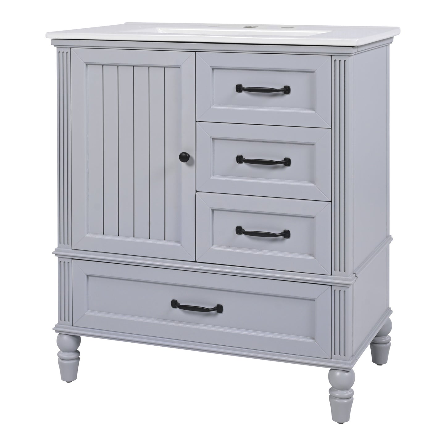 30' Bathroom Vanity with Sink, Bathroom Cabinet with A Door, Three Drawers, Solid Wood Legs & MDF Board, Adiustable Foot Pads, Grey