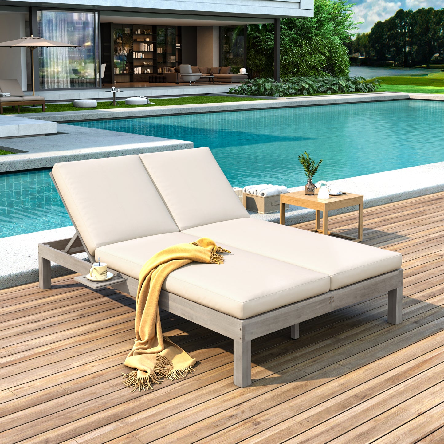 TREXM 5-Position Adjustable Backrest Double Chaise Lounge Outdoor, Outdoor Chaise Lounge with Cushion and Folding Side Trays for 2 People, Patio Double Chaise Lounge for Poolside Garden, Gray