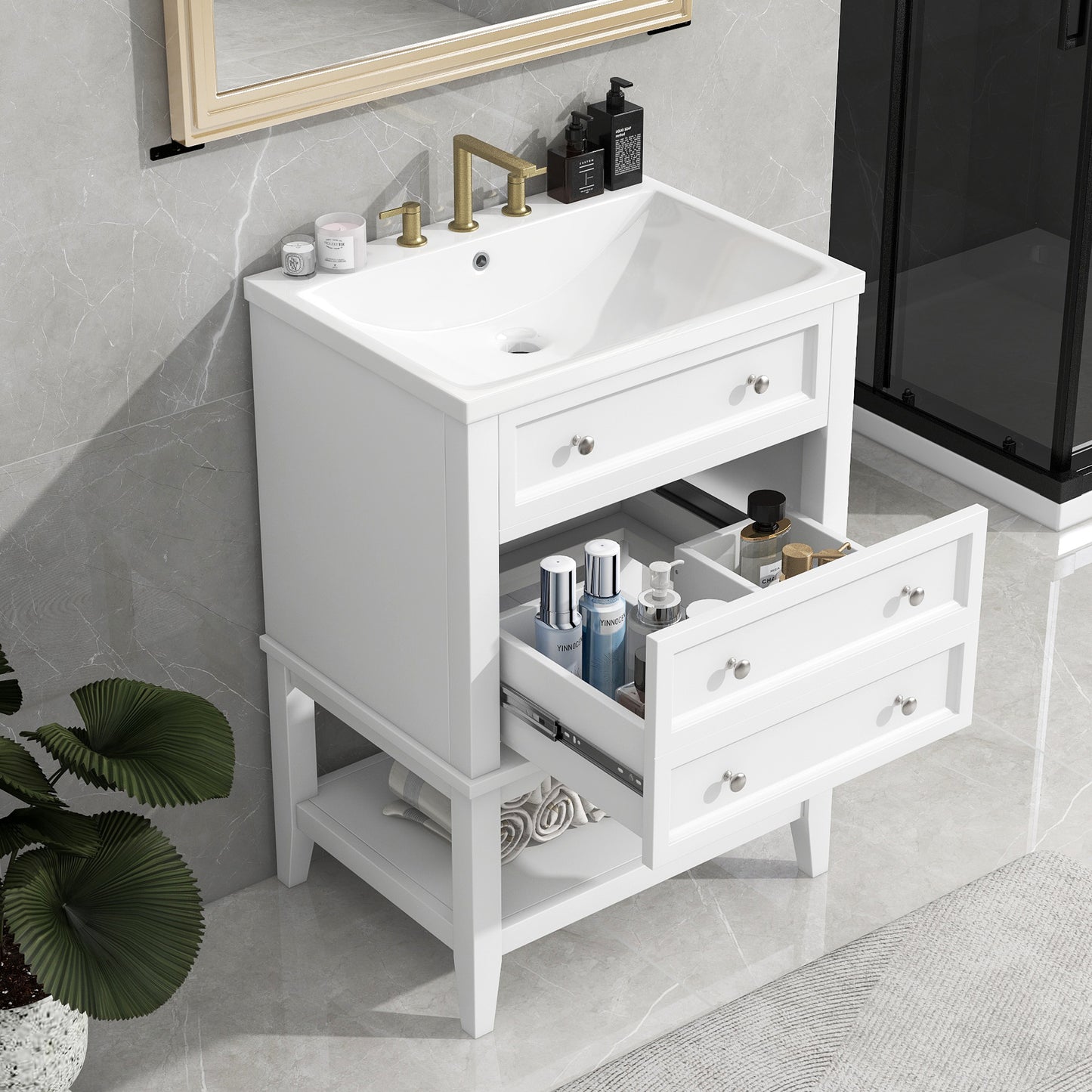 24' Bathroom Vanity With Sink, Bathroom Storage Cabinet with Drawer and Open Shelf, Solid Wood Frame, White (Old Sku:SY999991AAK)