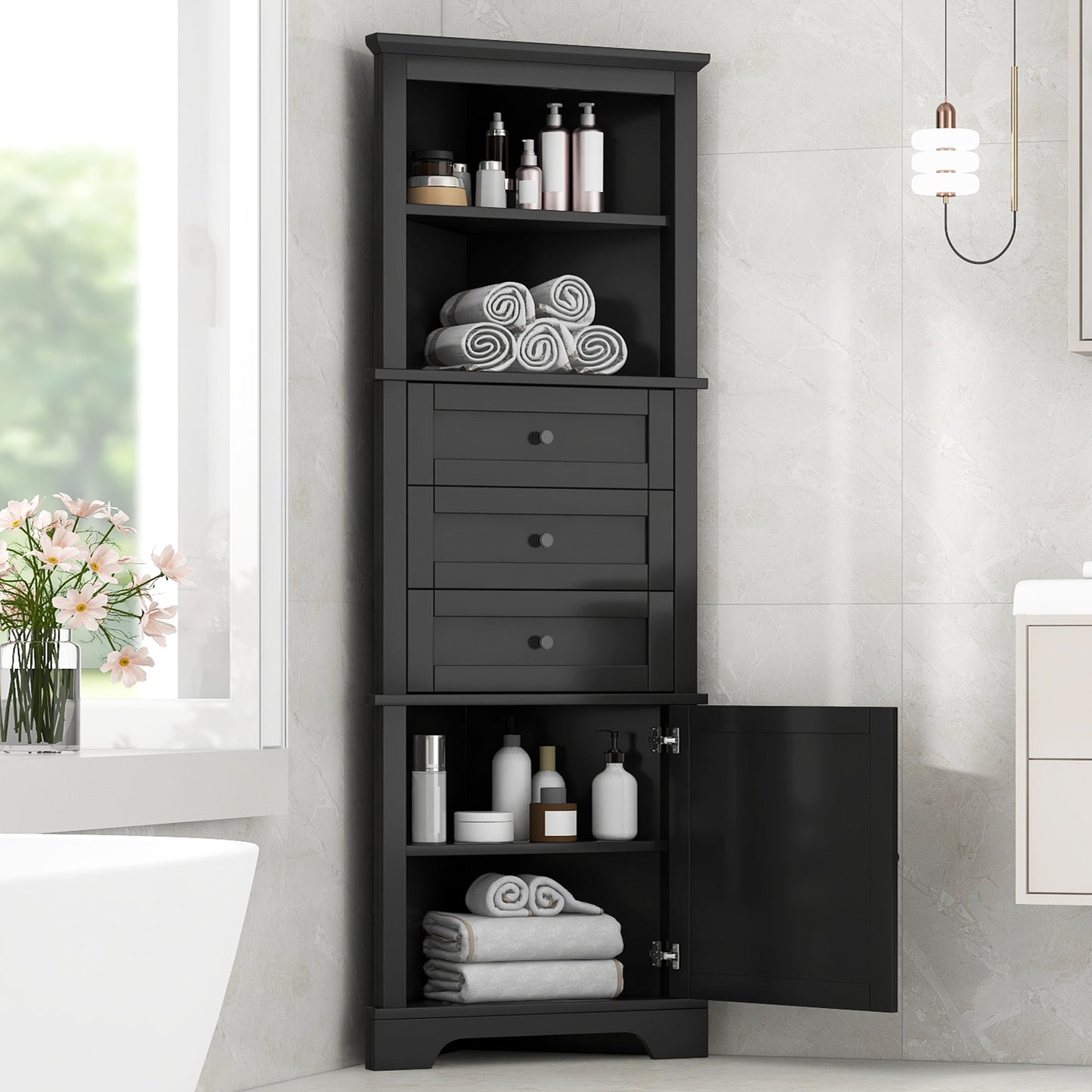 Black Triangle Tall Cabinet with 3 Drawers and Adjustable Shelves for Bathroom, Kitchen or Living Room, MDF Board with Painted Finish (WF306469AAG New Color)
