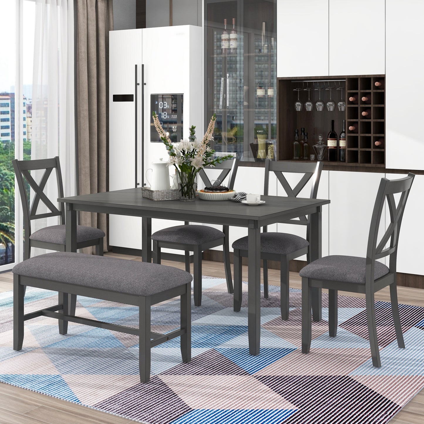 TREXM 6-Piece Kitchen Dining Table Set with Wooden Rectangular Table, 4 Fabric Chairs and Bench, Gray