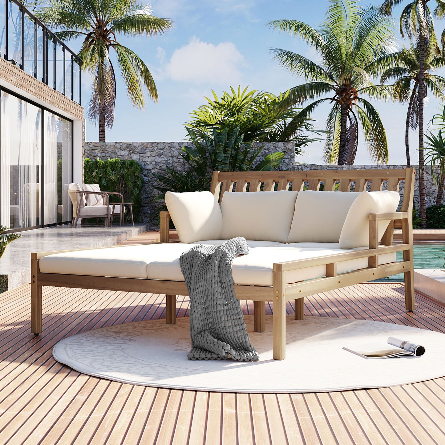 TREXM Outdoor Daybed, Patio Daybed with Four Pillows, Wooden Outdoor Bed with Curved Armrests for Poolside, Backyard, Garden (Light Teak+Beige Cushion)