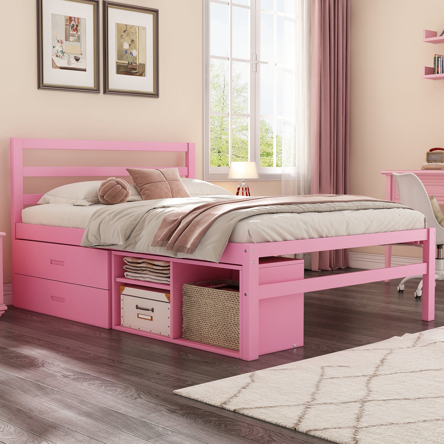 Full Size Wood Platform Bed with Removable Storage Shelves, Built-in Two Storage Drawers for Added Convenience, Pink