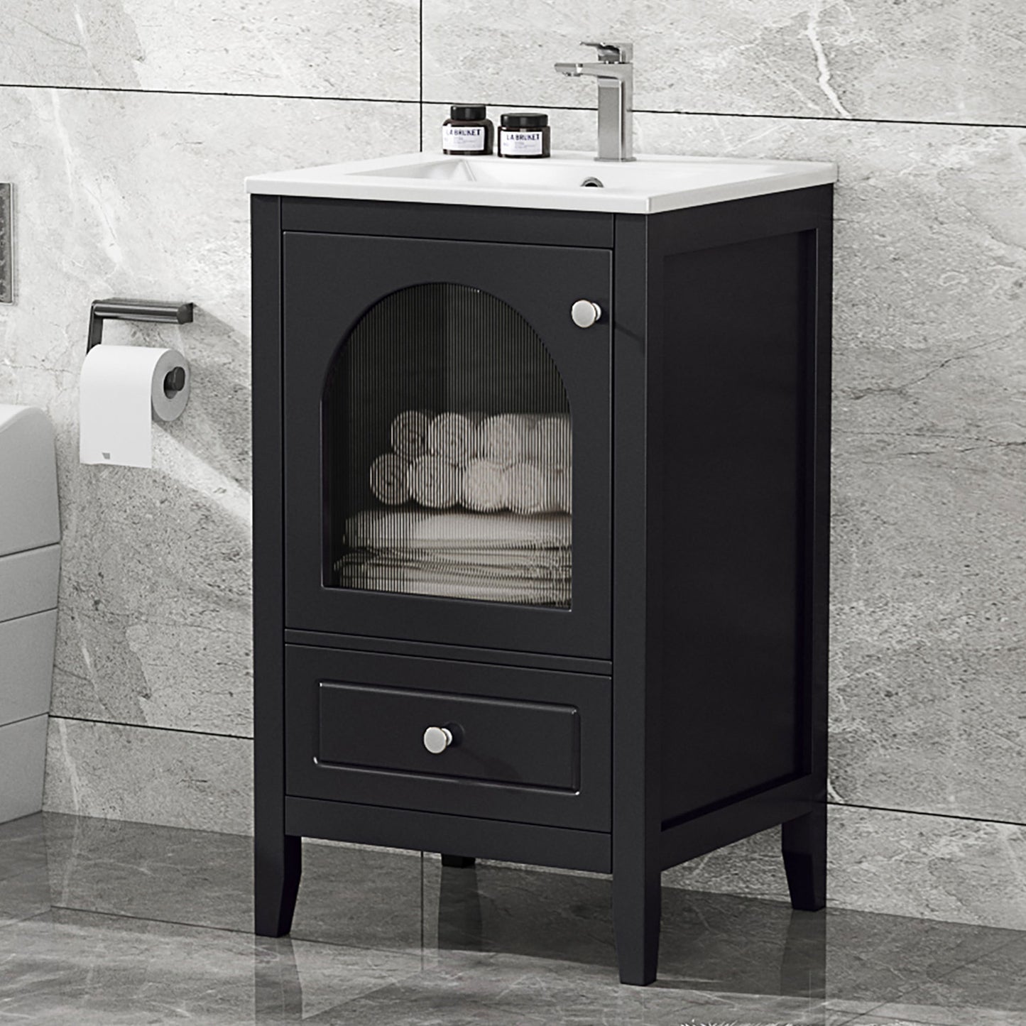 20' Bathroom Vanity with Sink, Bathroom Cabinet with Soft Closing Glass Door, A Drawer, Black