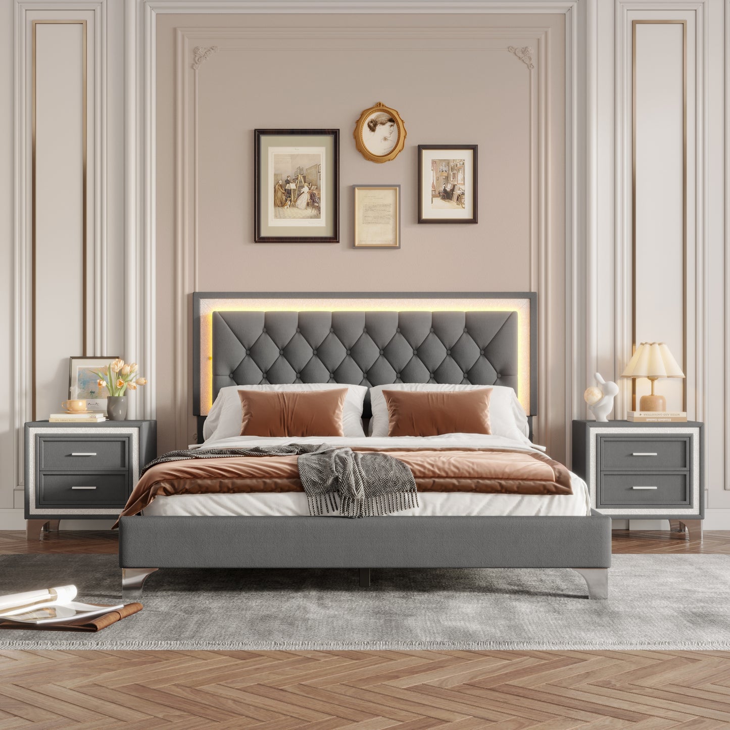 3-Pieces Bedroom Sets,Queen Size Upholstered Platform Bed with LED Lights and Two Nightstands-Gray