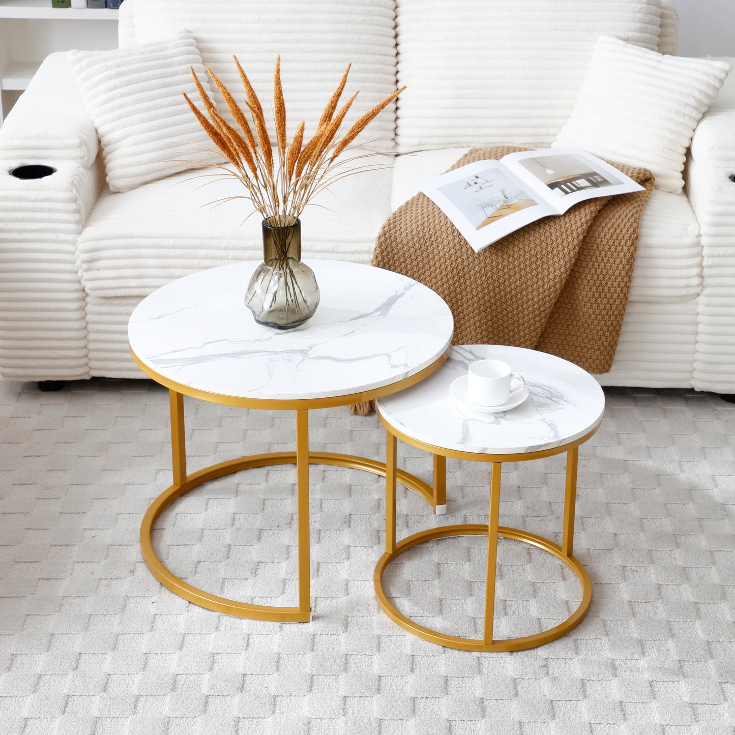 Set 2 Coffee Table Nesting White and gray top Golden Frame Circular Round and Marble Pattern Wooden Tables, Living Room Bedroom Apartment Modern Industrial Simple Nightstand