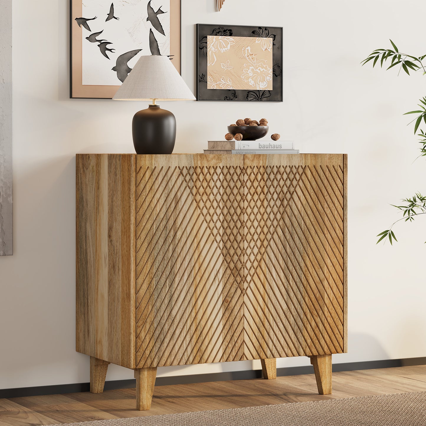 TREXM Wood Accent Cabinet with Storage, Rustic Mango Wood Storage Cabinet with Fluted Design and Adjustable Shelf for Dining Room, Kitchen, and Living Room (Natural)