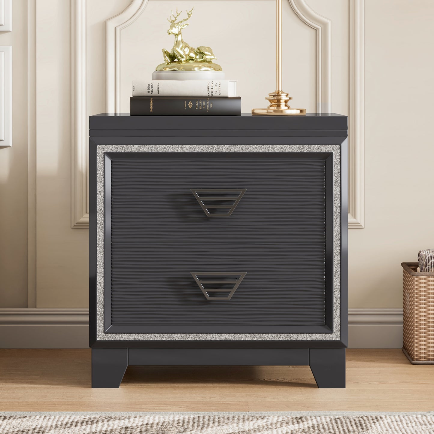 Elegant Nightstand with Metal Handle and Sparkling Shiny Decoration, Bedside Table with 2 Drawers for Bedroom, Living Room, Black