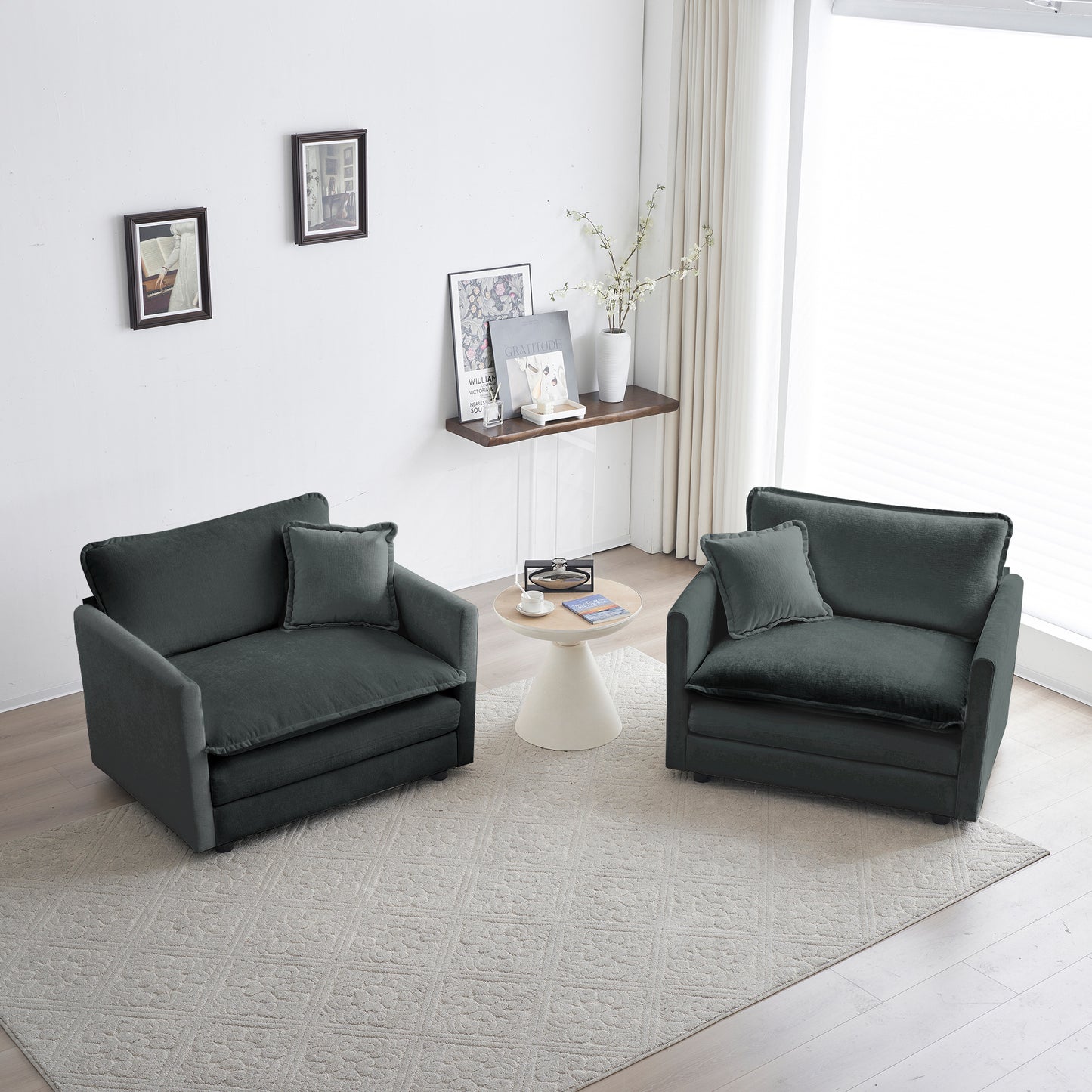 Accent Chair Set of 2, High-end Chenille Upholstered Armchairs, Living Room Side Chairs with Toss Pillow, Gray Chenille