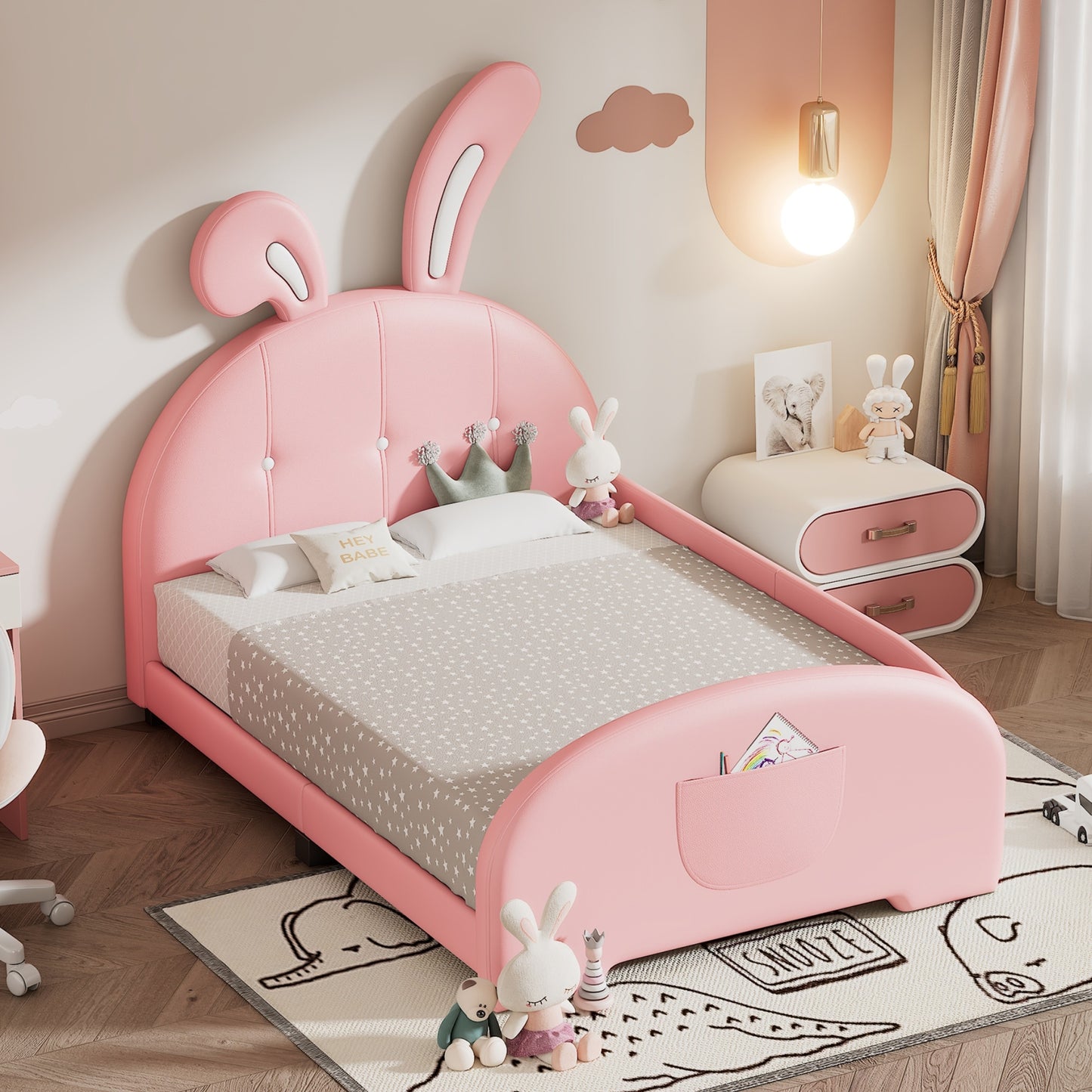 Twin size Upholstered Rabbit-Shape Princess Bed ,Twin Size Platform Bed with Headboard and Footboard,Pink (Old SKU: WF311629AAH)