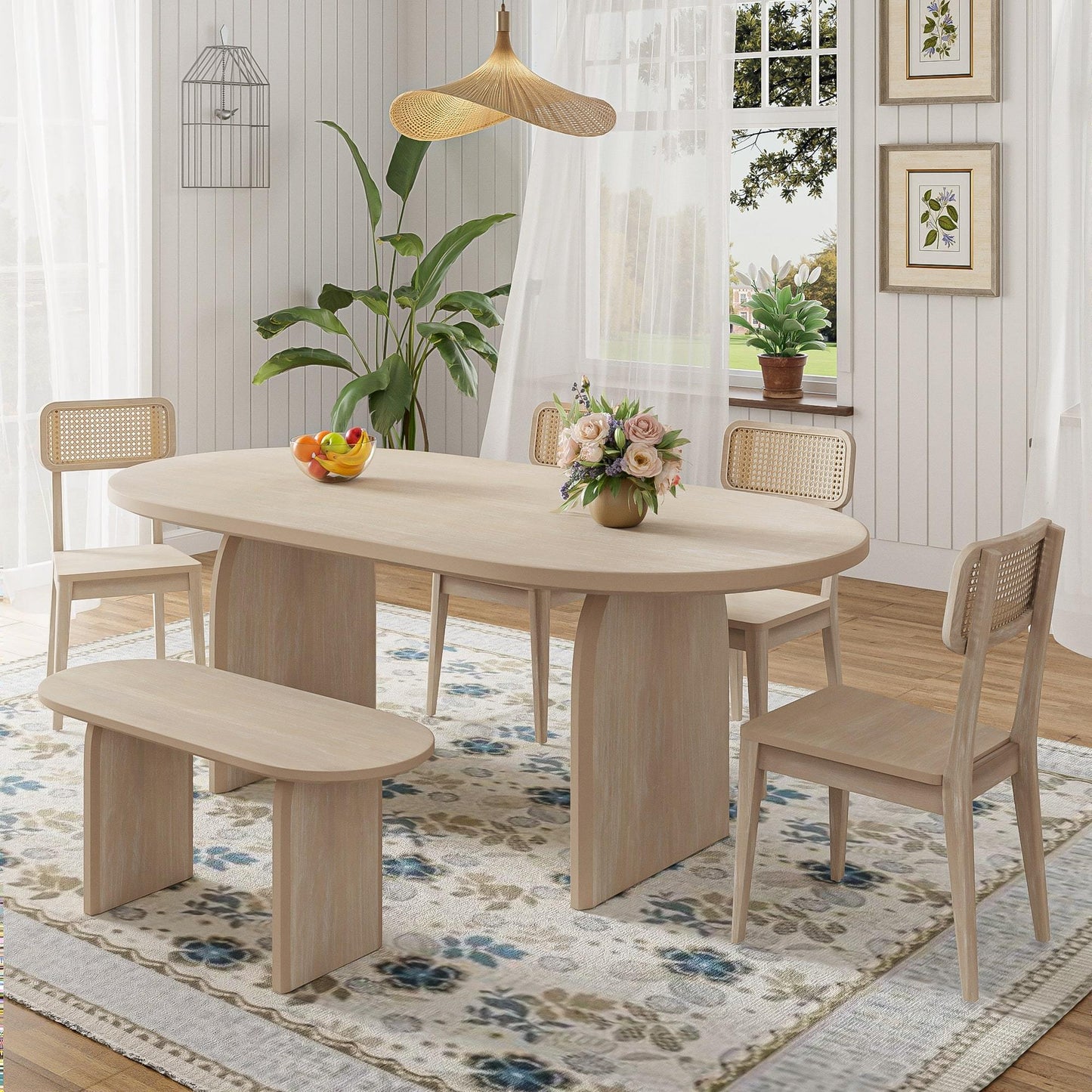 TOPMAX 6 Piece Dining Table Set with Bench,Oval Kitchen Table Chairs Set for 6, Modern Style Dining Room Set,Natural