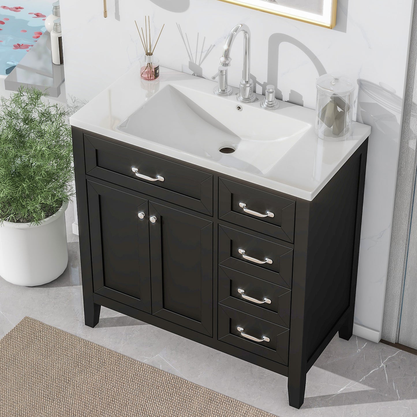 36' Bathroom Vanity with Sink Combo, Black Bathroom Cabinet with Drawers, Solid Frame and MDF Board (Old Sku:JL000007AAB)