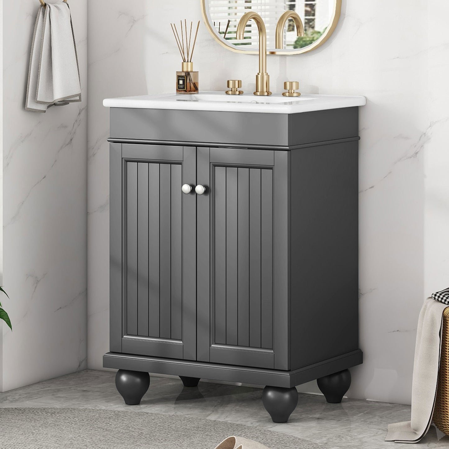 24' Black Modern Sleek Bathroom Vanity Elegant Ceramic Sink with Solid Wood Frame, Adjustable Shelf