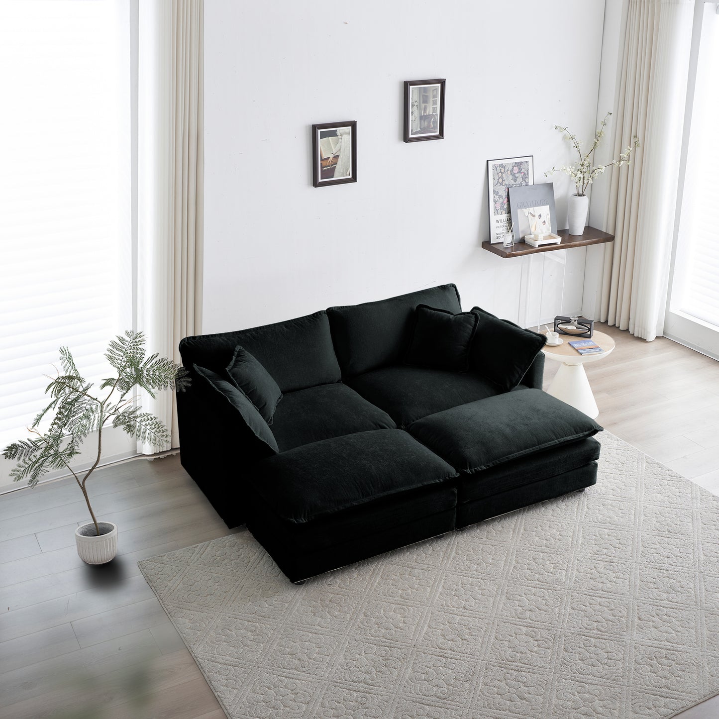 4 - Piece Upholstered Sectional Sofa, 1 - Piece of 2 Seater Sofa and 2- Piece of Ottomans , 2 Seater Loveseat Lounge with Ottomans , Black Chenille