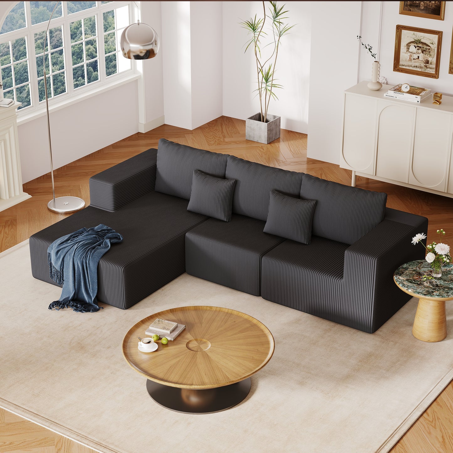 108.3' Sectional Foam Couch,L Shape Sofa with Chaise Lounge,Modular Cloud Sofa for Living Room,Upholstered Corduroy Couch Dark Grey