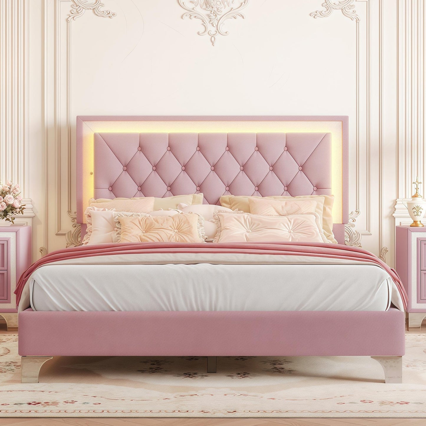 Full Size Upholstered Bed Frame with LED Lights,Modern Velvet Platform Bed with Tufted Headboard,Pink