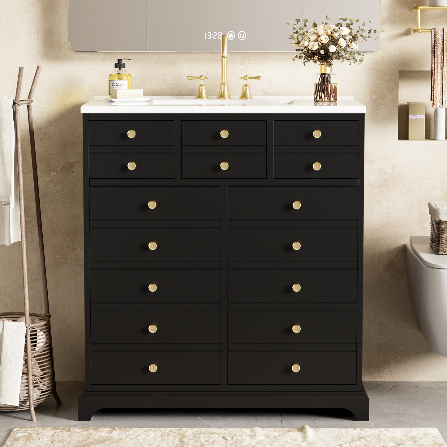 30'' Bathroom Vanity with Ceramic Sink Combo, Solid Wood Frame Bathroom Storage Cabinet, Freestanding Vanity Set with 2 Drawers& Soft Closing Doors, Black