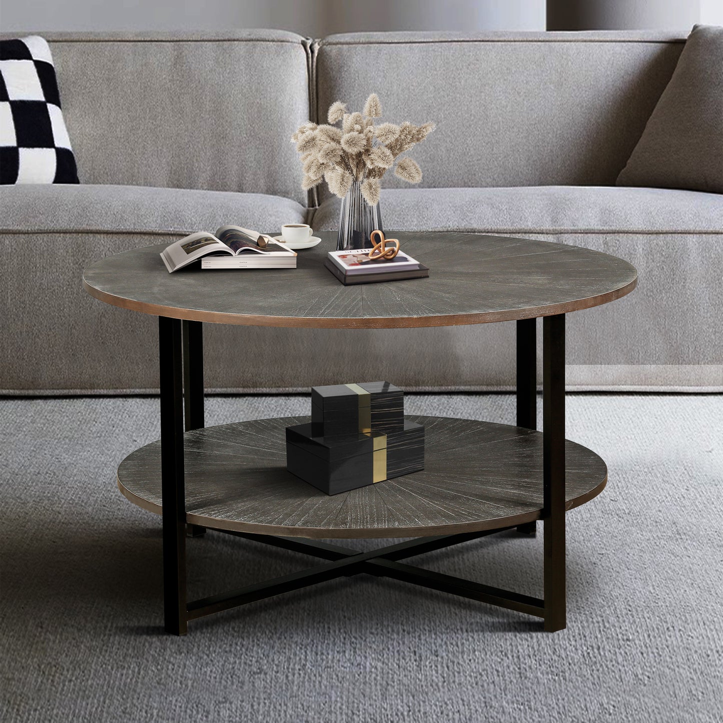 31.5'D x 31.5''W x 18.3''H Round Coffee Table With 2-Tier Storage, Farmhouse Living Room Cocktail Table With Black Metal Leg,Patchwork Desktop Effect Easy Assembly(Antique Brown)