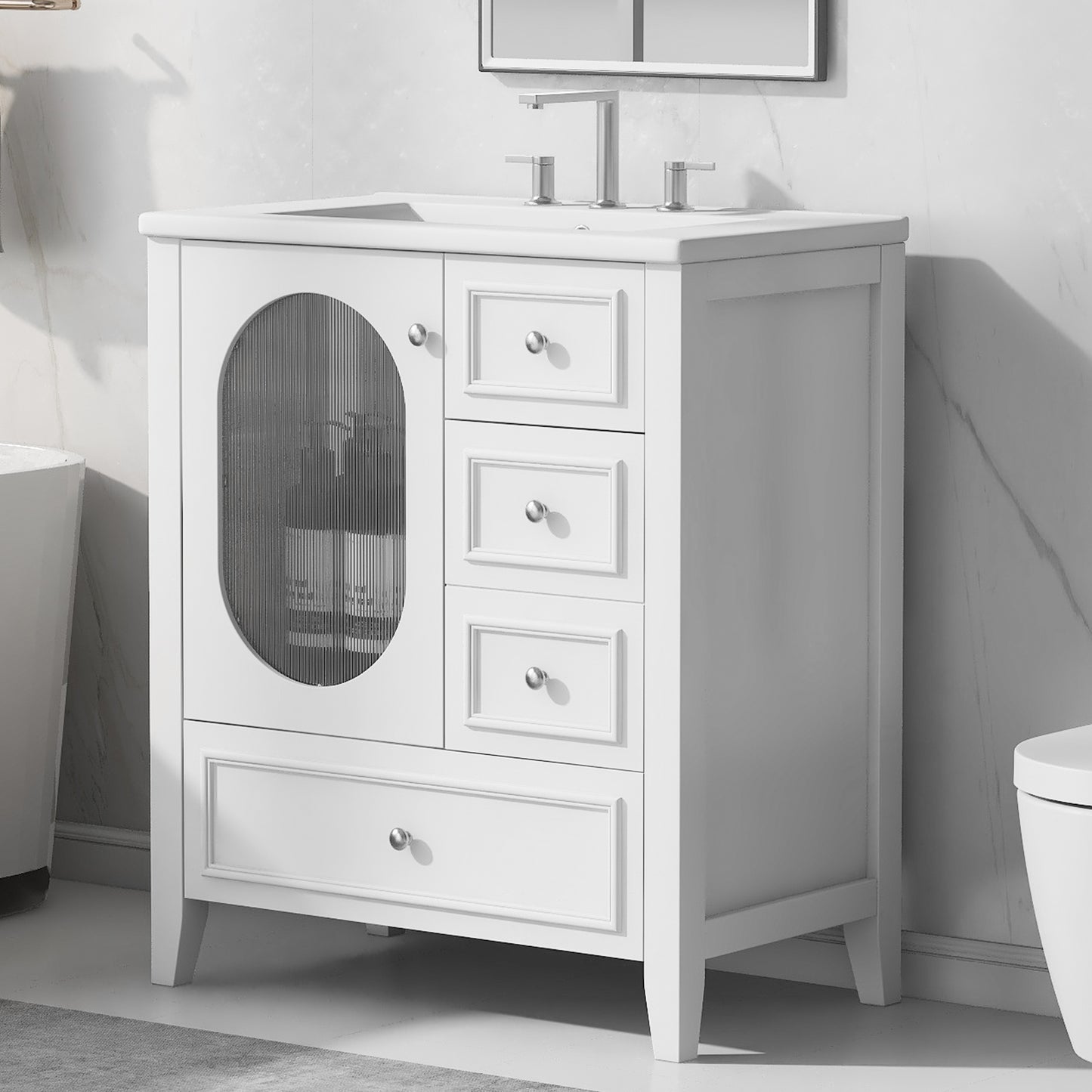 30' Bathroom Vanity with Sink, Bathroom Vanity Cabinet with Three Drawers and Door, Solid Wood and MDF, White