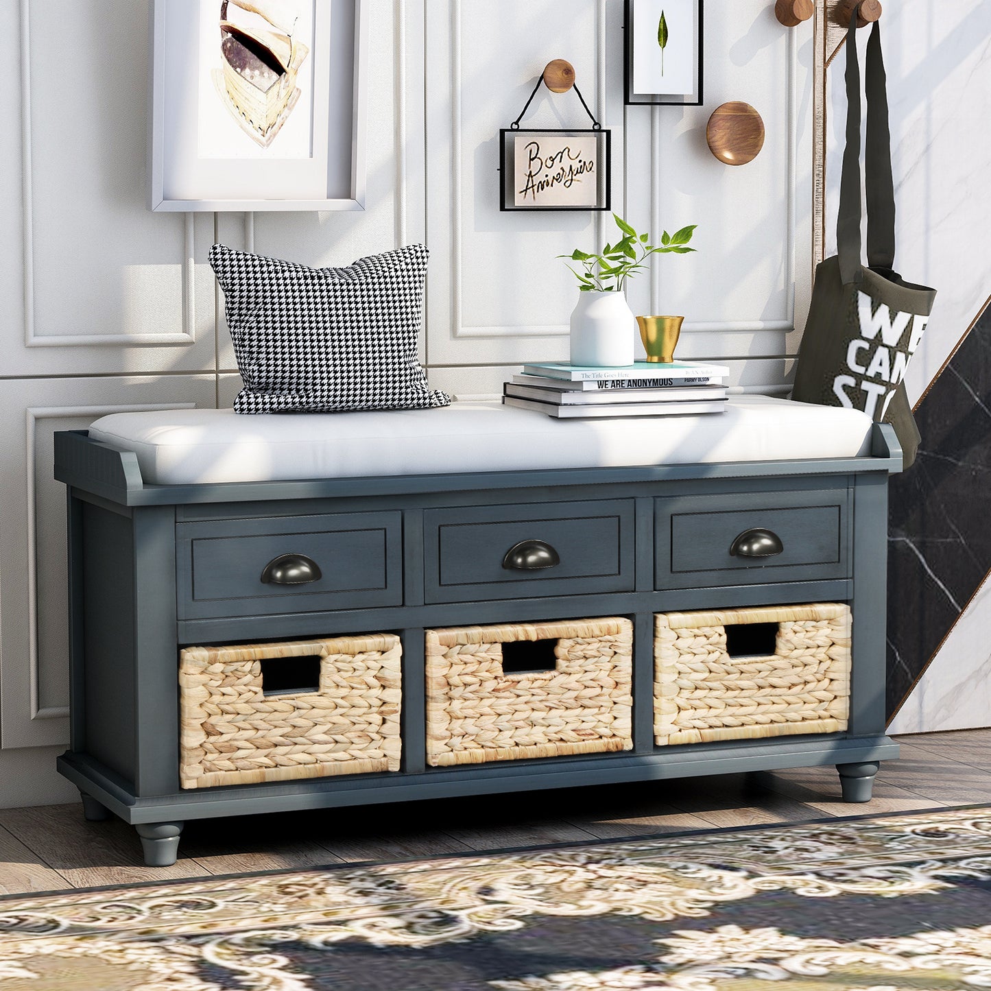 TREXM Rustic Storage Bench with 3 Drawers and 3 Rattan Baskets, Shoe Bench for Living Room, Entryway (Antique Navy)