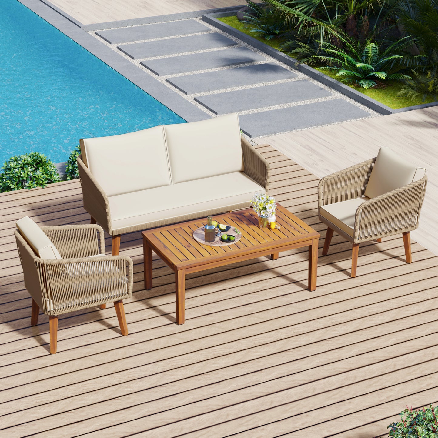 TREXM 4-Piece Patio Conversation Set, Solid Wood Loveseat, 2 Chairs and Table, Outdoor Conversation Group with Cushions for Backyard, Poolside, Garden (Beige Cushion + Natural Rope)