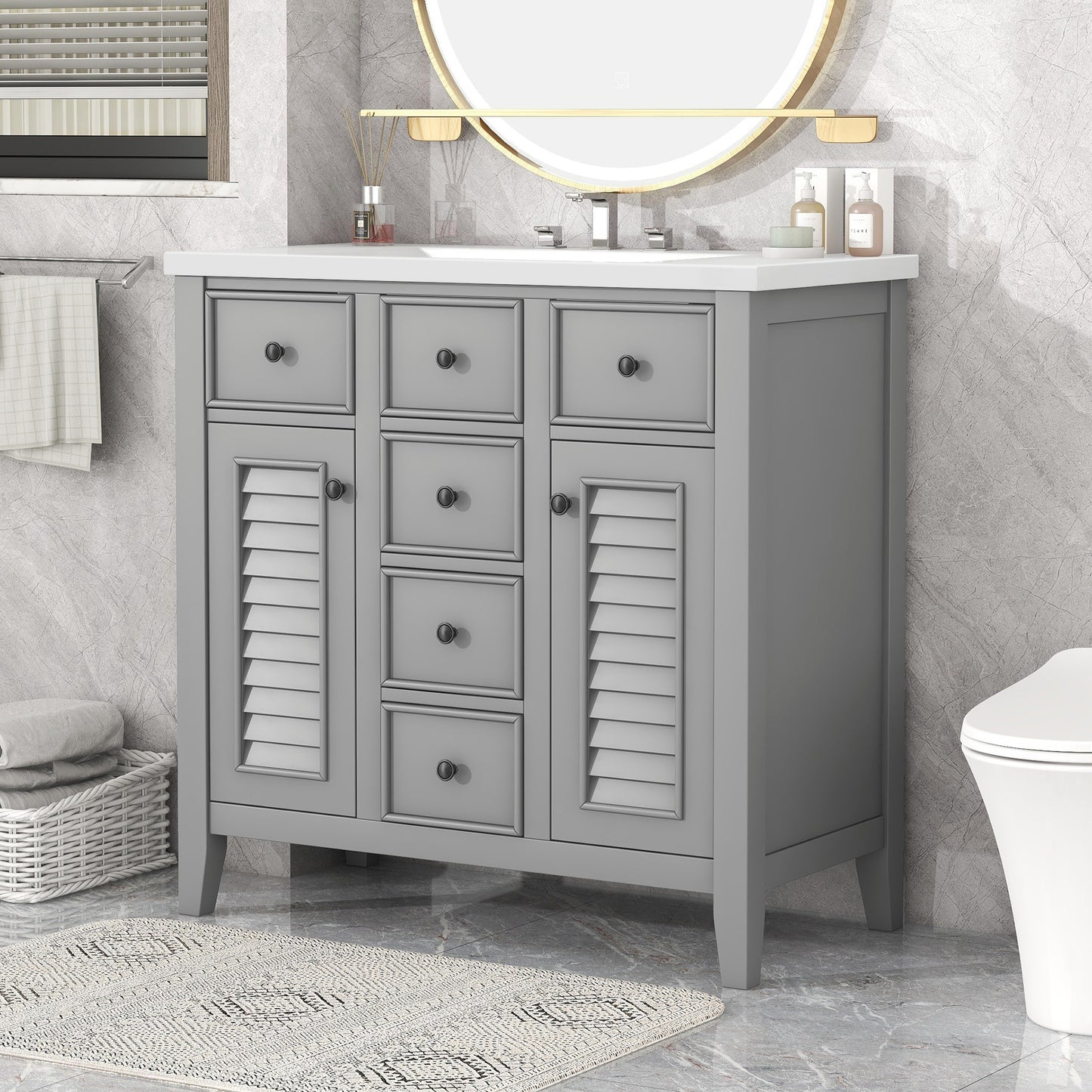 36' Bathroom Vanity with Ceramic Basin, Two Cabinets and Five Drawers, Solid Wood Frame, Grey (OLD SKU: SY999202AAE-1)