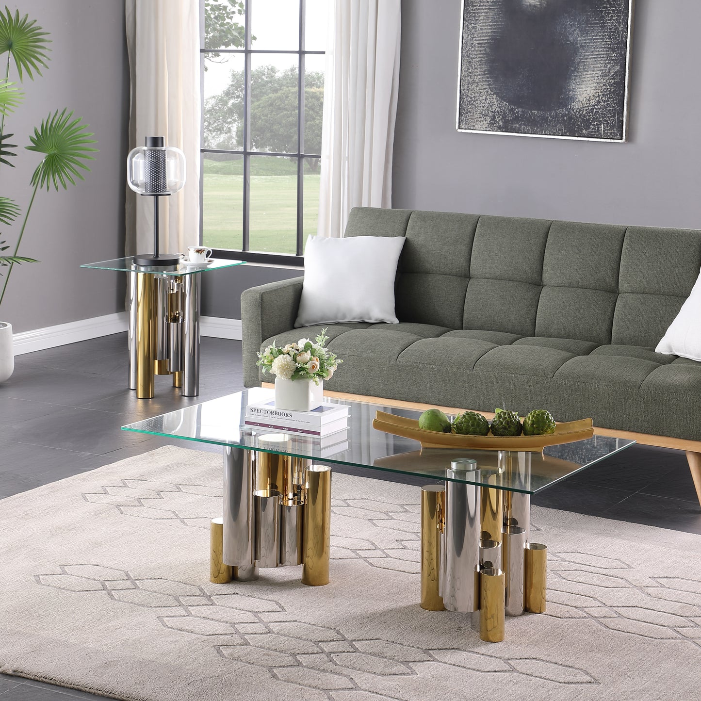 Stainless Steel Rectangular Accent Glass Coffee Table for Living Room- 48' Modern Sleek Center Table Table with Clear Tempered Glass