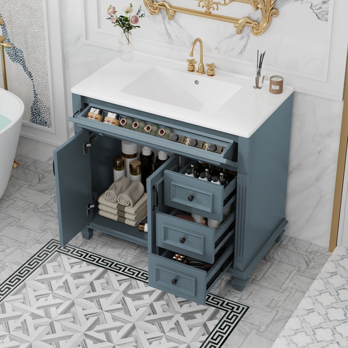 36' Bathroom Vanity with Sink, Blue Grey Vanity Cabinet with Flip-Out Drawer, 3 Drawers, 2 Soft-Close Doors, Solid Wood & MDF, Elegant Black Hardware