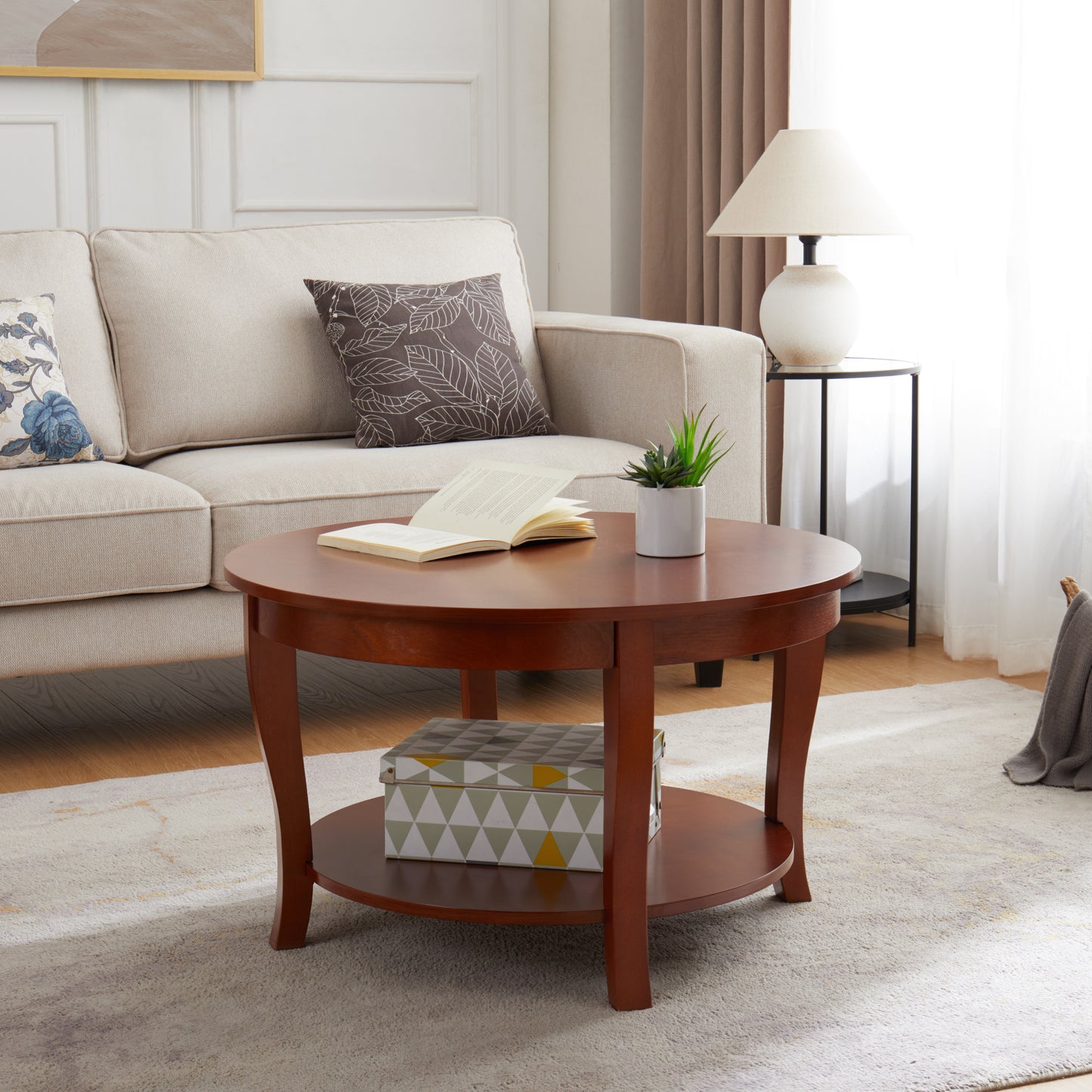 Traditional Round Coffee Table with Open Storage Shelf,2-Tier Storage Wood Center Circle Accent Table for Living Room, Bedroom, Apartment, Studio and Small Spaces, 30 x 30 x 18 inches
