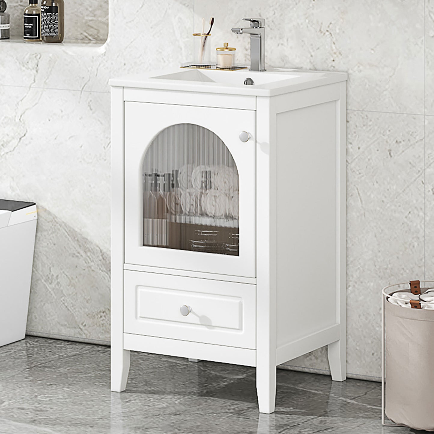 20' Bathroom Vanity with Sink, Bathroom Cabinet with Soft Closing Glass Door, A Drawer, White