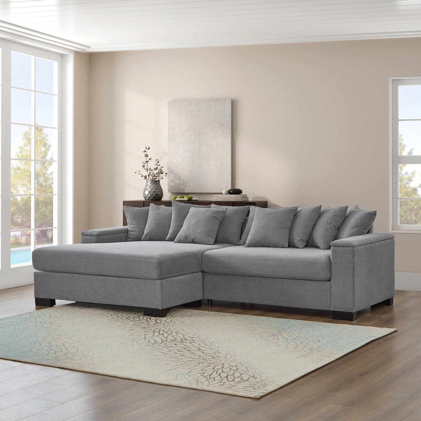 111' Luxury Sectional Couch,L Shape Sofa with Convertible Chaise Lounge,Arm Couch with Storage for Living Room,Upholstered Couch Corduroy Grey