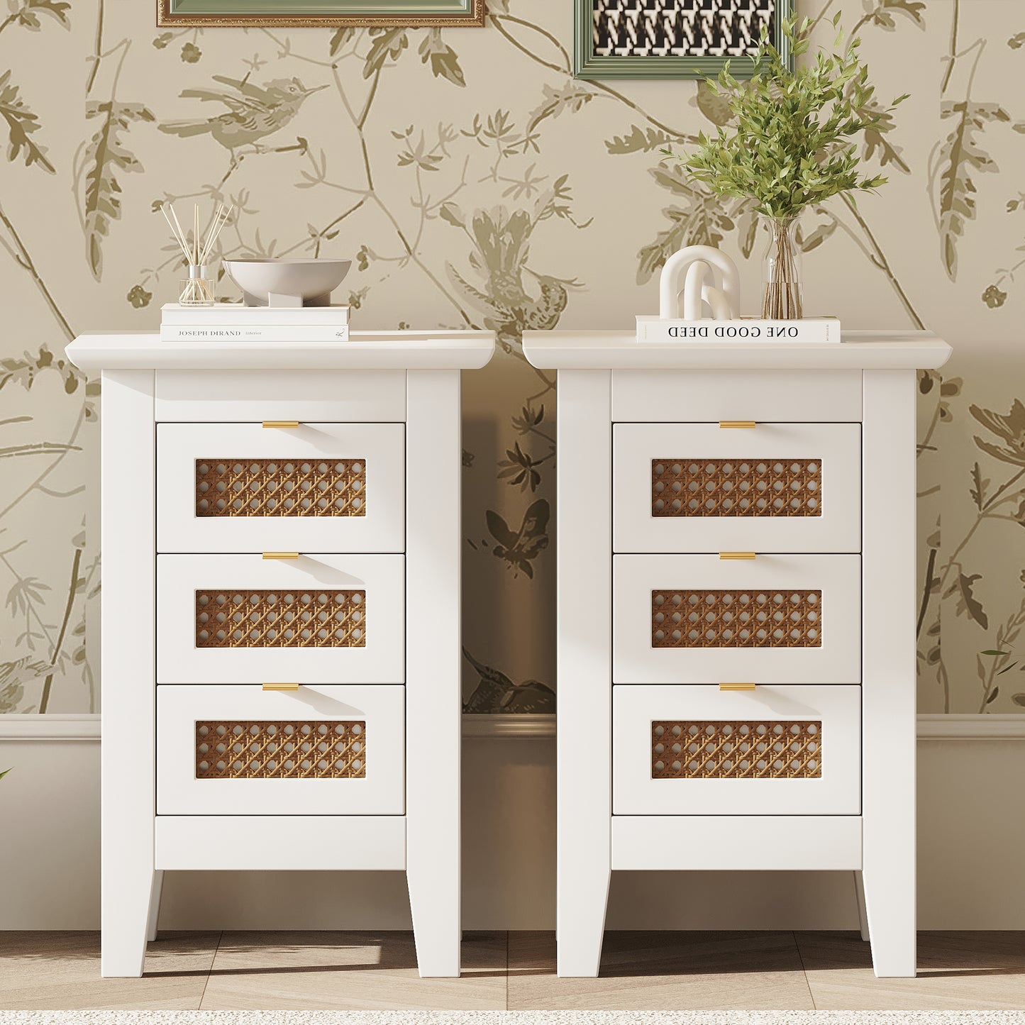 Wooden Nightstands Set of 2 with Rattan-Woven Surfaces and Three Drawers, Exquisite Elegance with Natural Storage Solutions for Bedroom, White