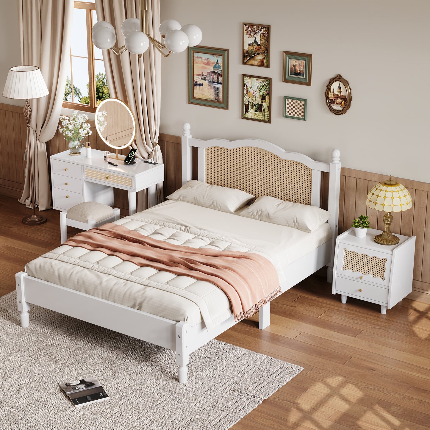 3 Pieces Bedroom Set with Full Size Wooden Bed Frame, 1 Vintage Nightstand and 1 Makeup Vanity Set with Stool,White