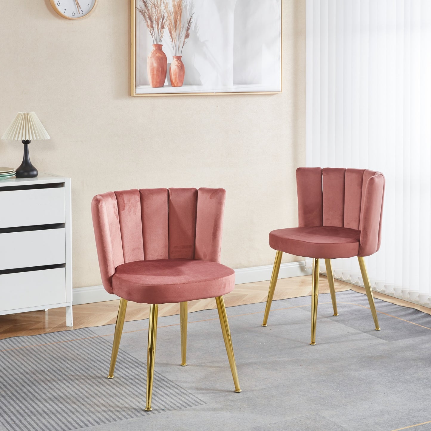 Modern PINK dining chair(set of 2 ) with iron tube golden color legs, velvet and comfortable backrest, suitable for dining room, living room, cafe, simple structure.