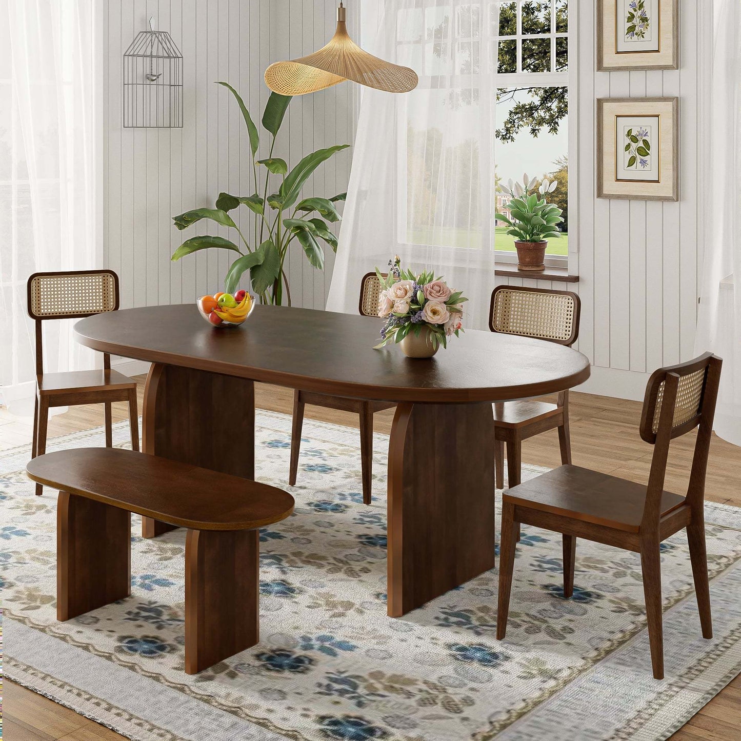 TOPMAX 6 Piece Dining Table Set with Bench,Oval Kitchen Table Chairs Set for 6, Modern Style Dining Room Set,Brown