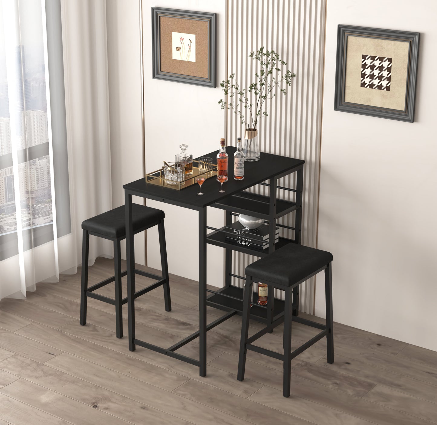 Dining Table Set for 2 with 3 Large Storage Shelves, Kitchen Stools Upholstered PU Leather, 3 Piece Dinette for Small Space, Apartment