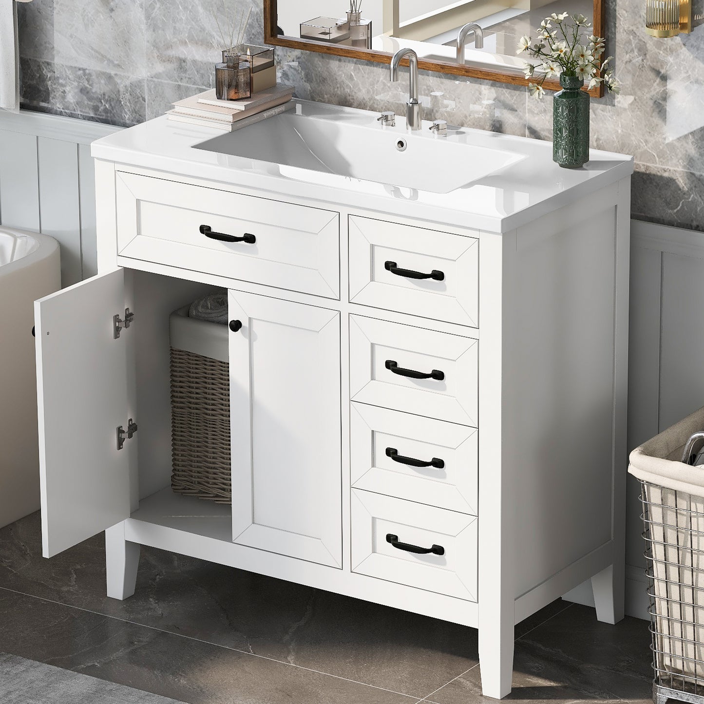 36' Bathroom Vanity with Sink Combo, White Bathroom Cabinet with Drawers, Solid Frame and MDF Board (Old Sku:JL000007AAK)