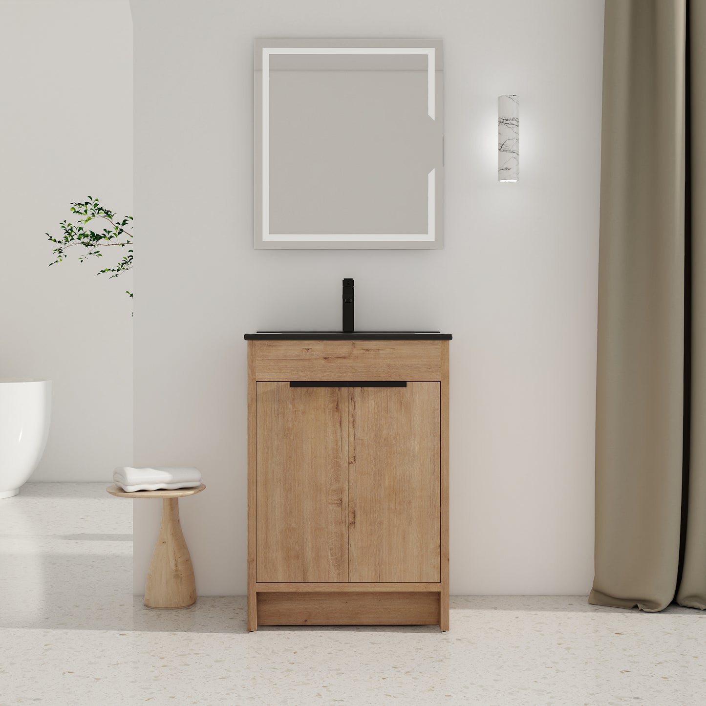 24' Freestanding Bathroom Vanity with Black Ceramic Sink & 2 Soft-Close Cabinet Doors ((KD-PACKING)
