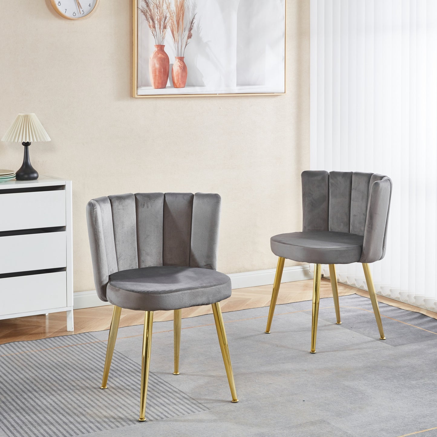 Modern GREY dining chair(set of 2 ) with iron tube golden color legs, velvet and comfortable backrest, suitable for dining room, living room, cafe, simple structure.