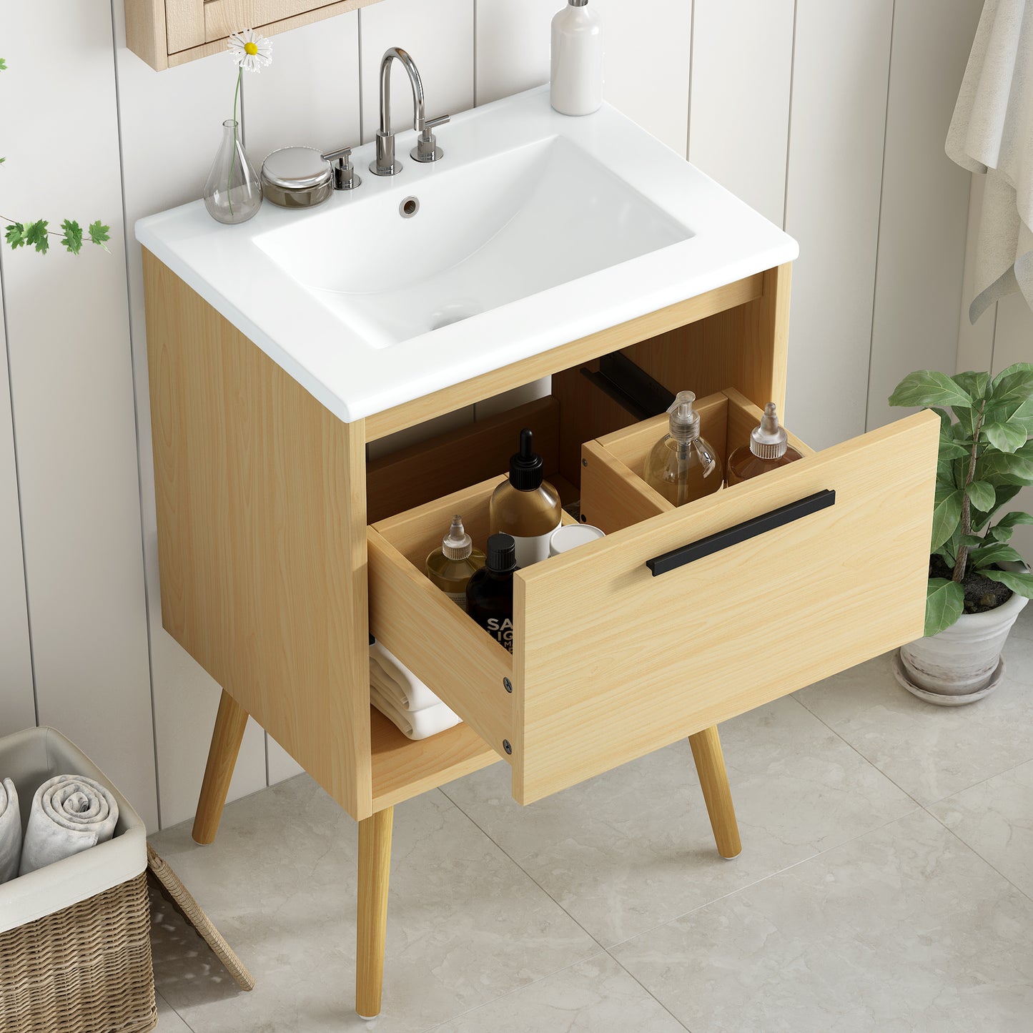 24' Bathroom Vanity with Sink Combo, Multi-functional Bathroom Cabinet with Drawer, MDF Board, Natural