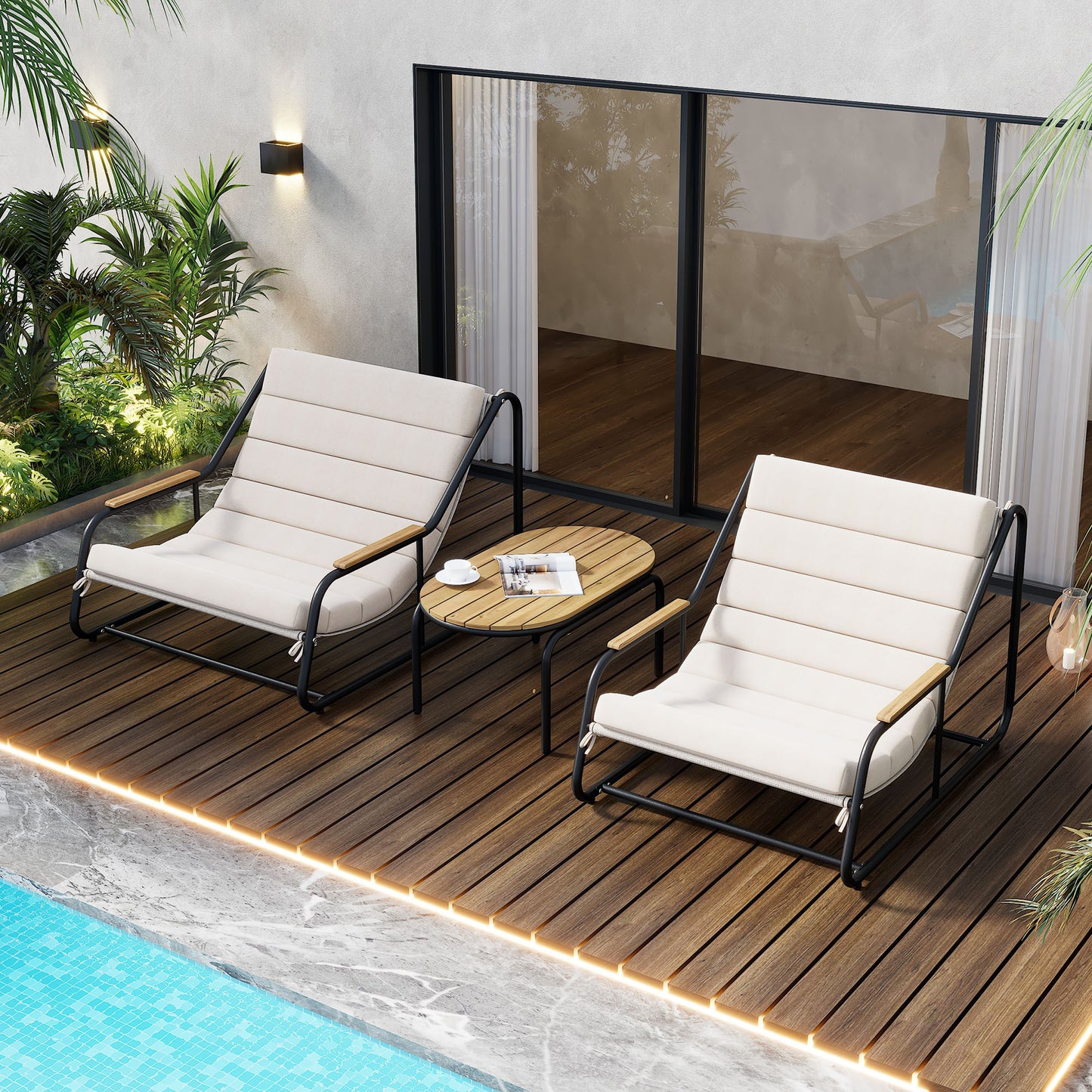 TREXM Outdoor Chaise Lounge Chairs Set of 3, Patio Chaise Lounge Chair with Acacia Side Table, Pool Lounge Chairs for Lawn, Deck, Beach, Beige+Black