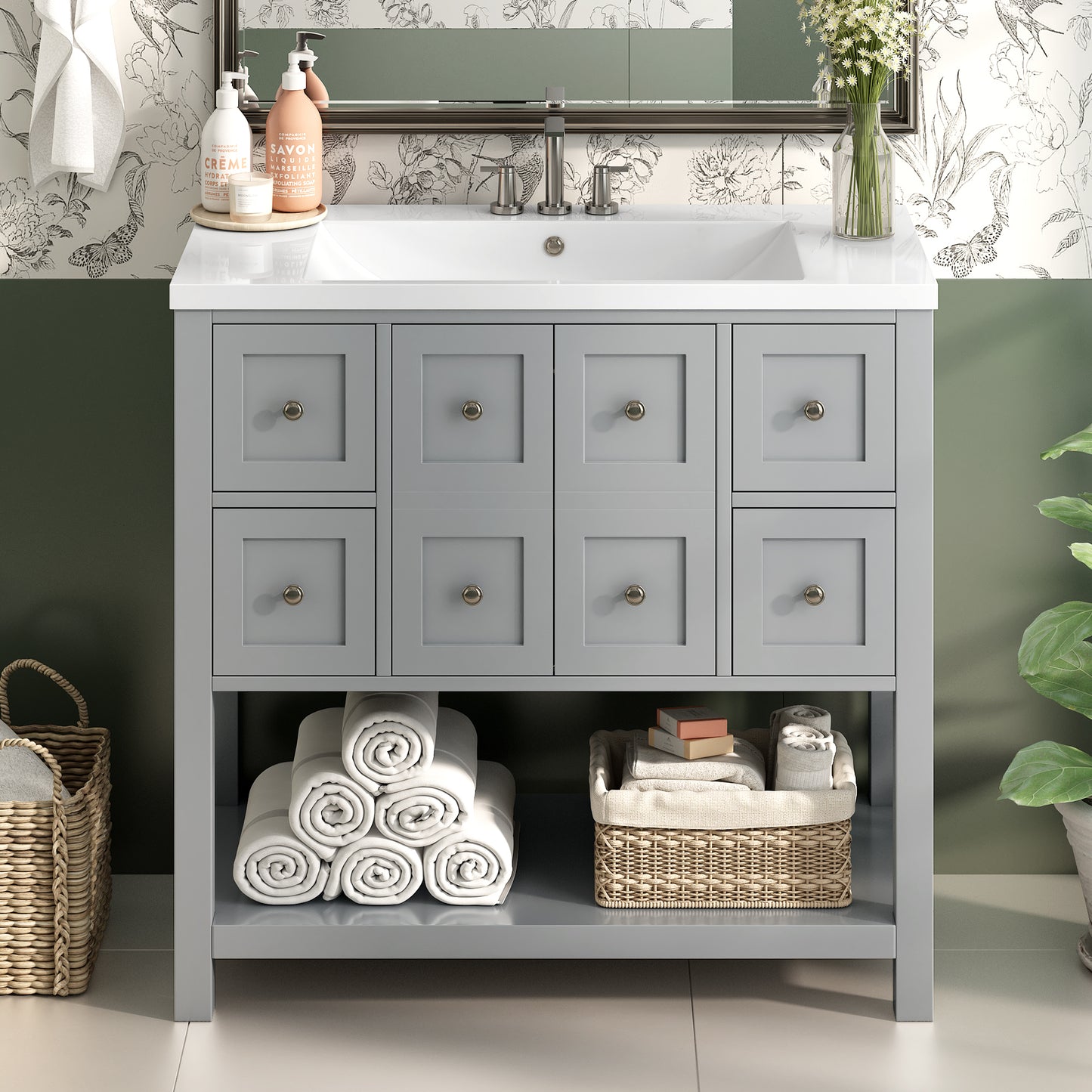 36'' Bathroom Vanity with Undermount Sink,Free Standing Vanity Set with 4 Drawers& Soft Closing Doors,Solid Wood Frame Bathroom Storage Cabinet (Same as SW000123AAE)