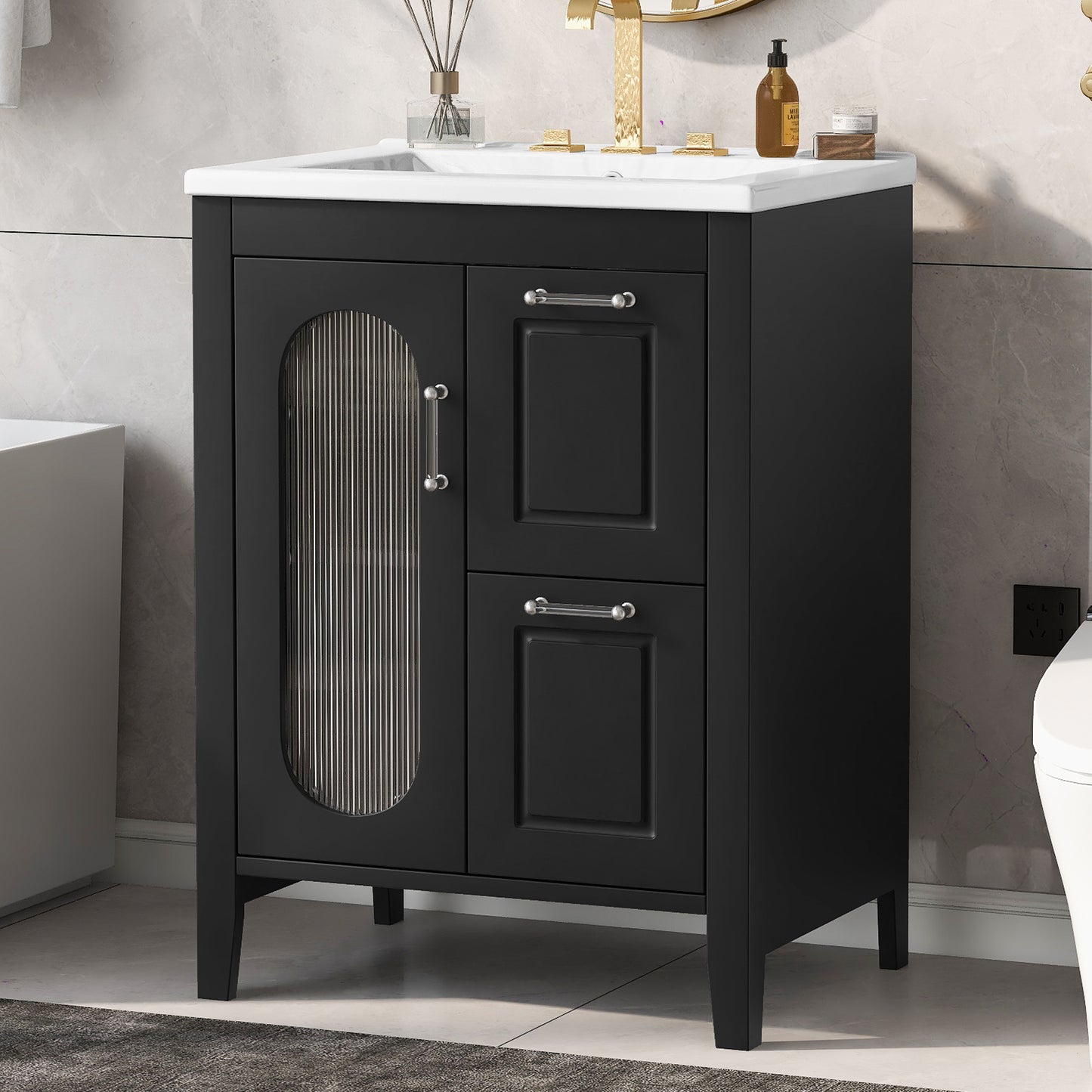 24' Bathroom Vanity with Sink, Bathroom Vanity Cabinet with Two Drawers and Door, Adjustable Shelf, Solid Wood and MDF, Black