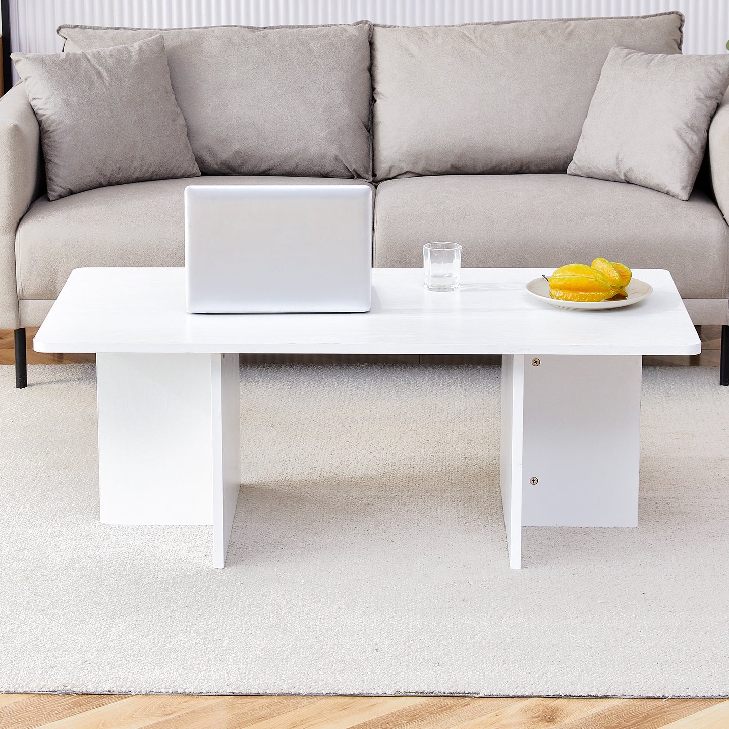 44.8 Inch White MDF Coffee Table - Modern Luxury,Stable Triangular Support.The coffee table is made of medium density fiberboard material,suitable for living rooms, bedrooms.W1512P289180/W1151P151502
