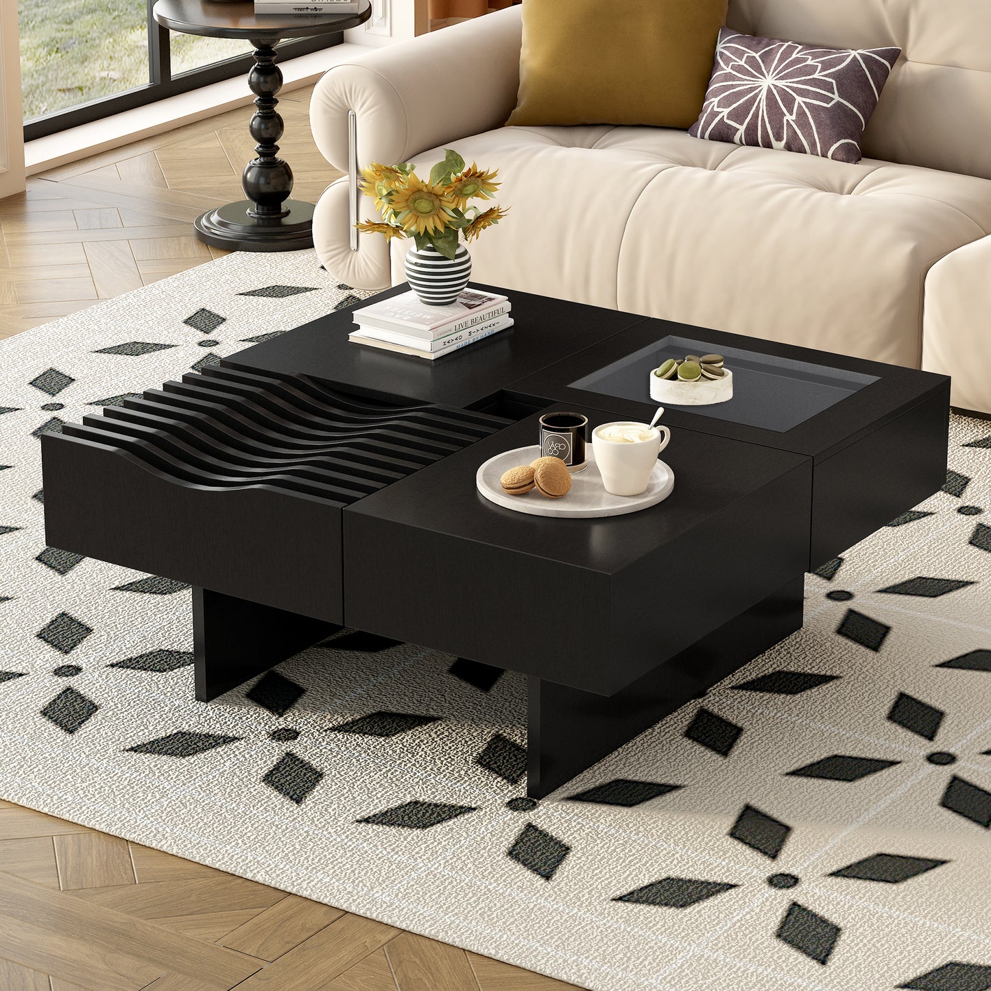 U-Can 33''Mid Century Modern Coffee Table,Unique Square Wooden Coffee Table with 3 Drawers, Tempered glass and Solid Wood Legs for Living Room