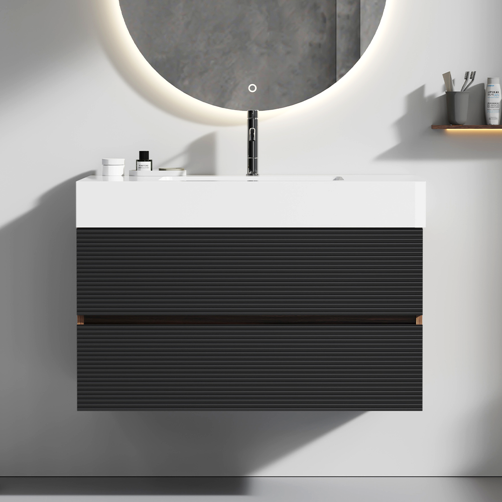 Grace 36' Walnut Bathroom Vanity with Glossy White Solid Surface Sink and Soft Black Drawers, Wall Mounted Floating Bathroom Vanity for Modern Bathroom, One-Piece Glossy White Basin, KD