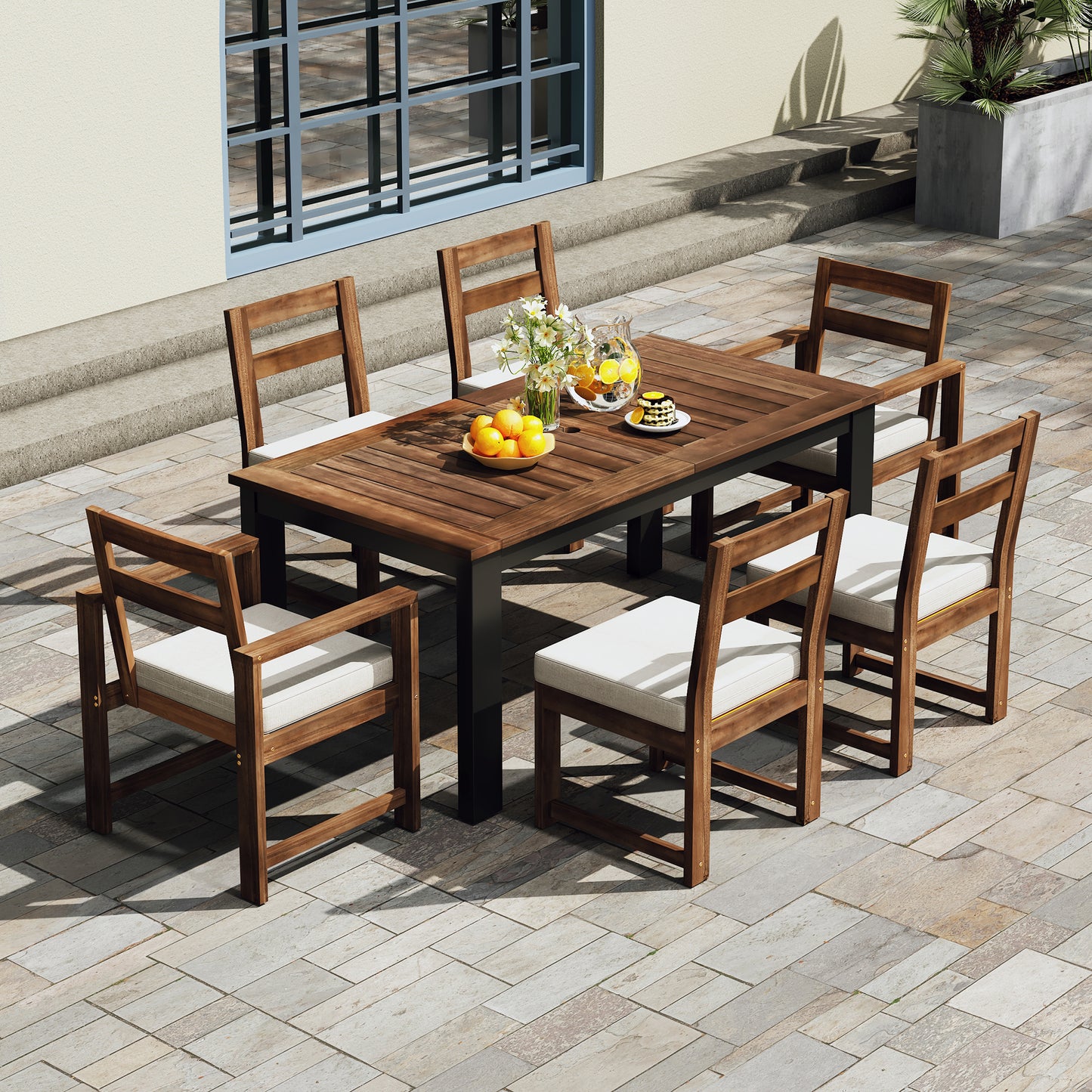 TREXM 7 Piece Patio Table and Chairs Set, Wood Dining Table Set for 6 with Umbrella Hole, 2 Armchairs & 4 Side Chairs, Outdoor Patio Furniture Set for Garden, Backyard, Poolside (Mocha+Beige)