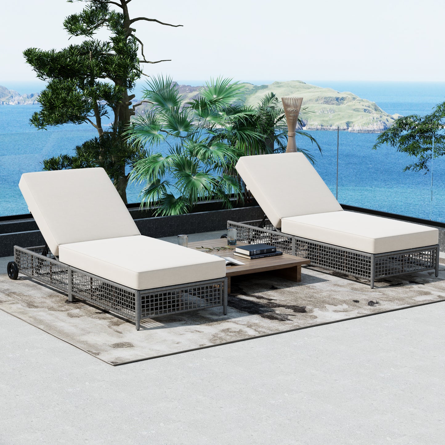 TREXM Outdoor Lounge Chair Set of 2, Patio Chaise Lounge with 5-Position Backrest, Rattan Outdoor Lounge Chair with Cushion and Wheels for Poolside, Backyard, Garden (Grey+Beige)