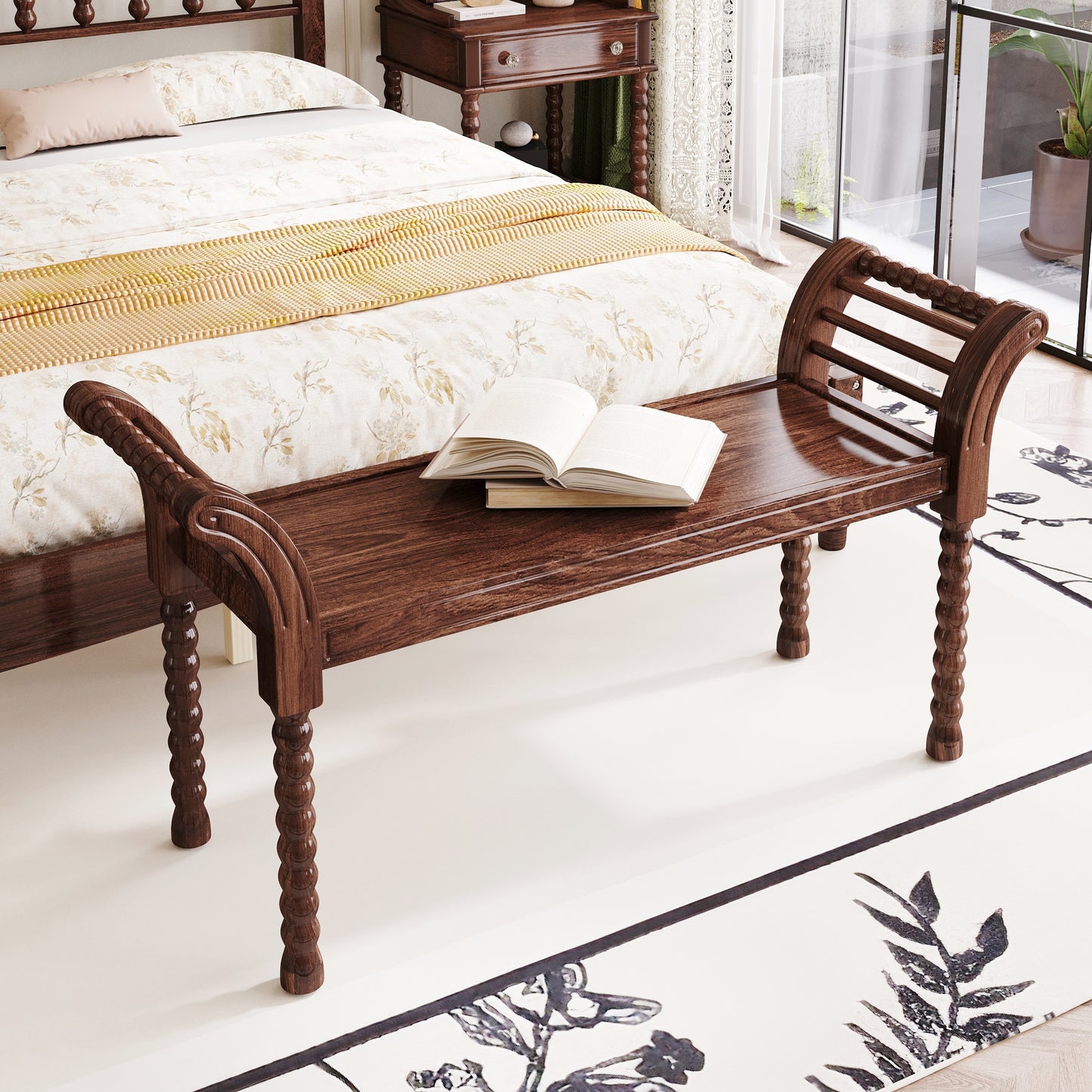Elegant Retro Style Bench with Turned Legs, Bed End Bench for Bedroom or Living Room Decor, Walnut