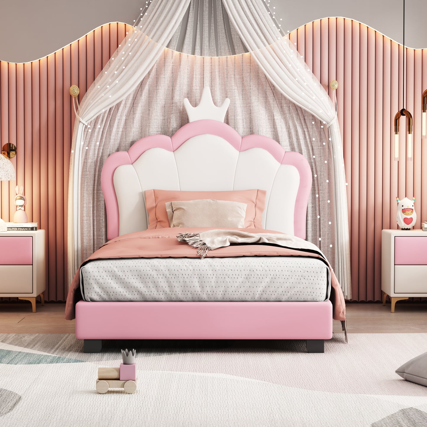 Twin size Upholstered Princess Bed With Crown Headboard,Twin Size Platform Bed with Headboard and Footboard,Cream+Pink(Old SKU:WF303336AAH)